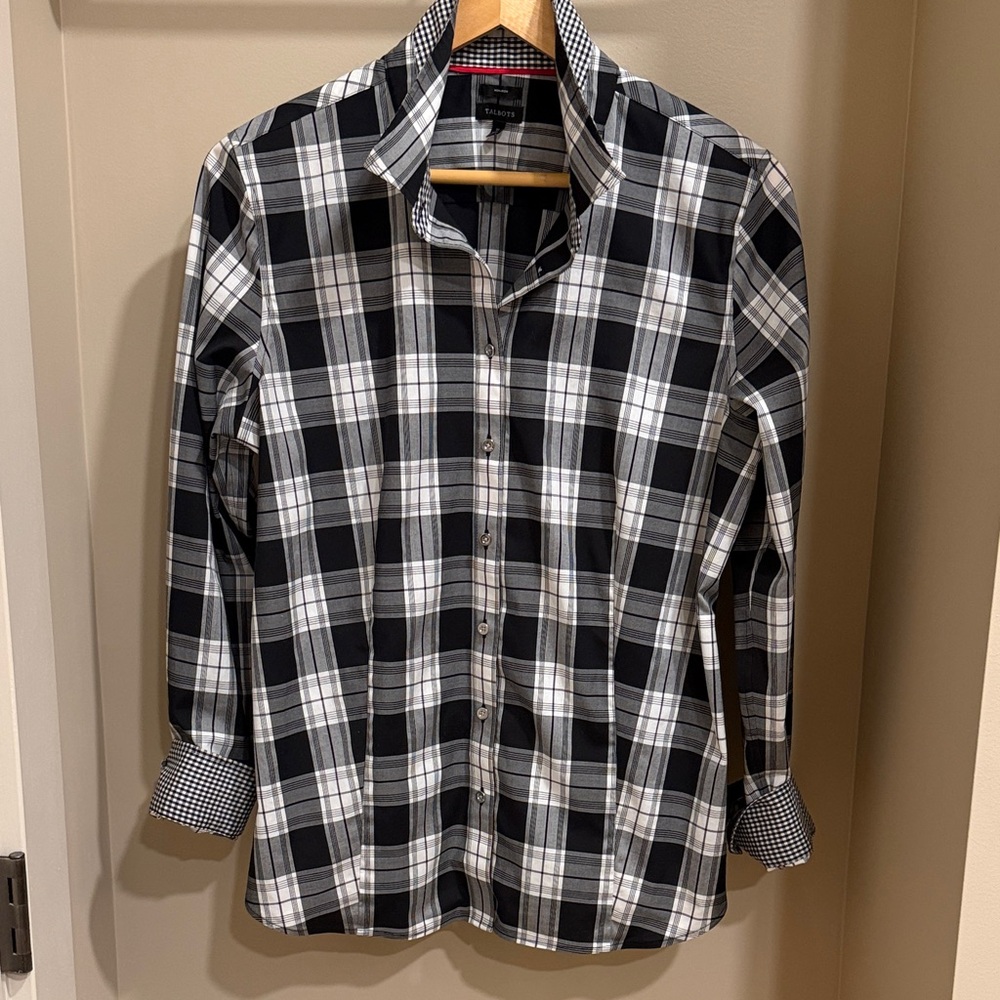 Talbots Black and White Plaid Button Down Shirt